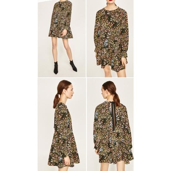 Zara Basic Romper Womens Small Black Floral Short Jumpsuit Long Sleeve Boho Chic - Picture 2 of 11